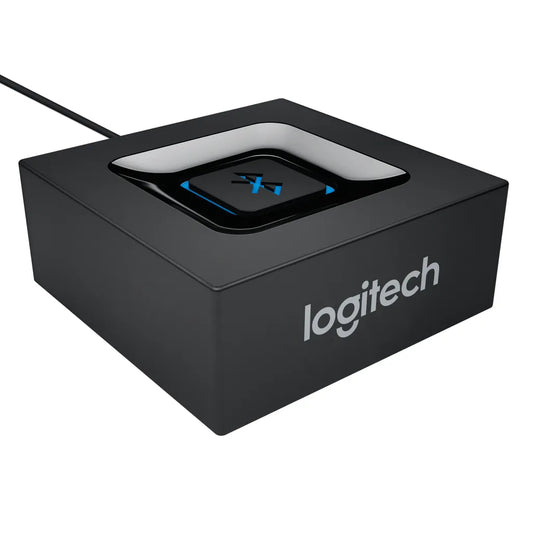Logitech Bluetooth Audio Adapter with one-touch pairing button and compact black design