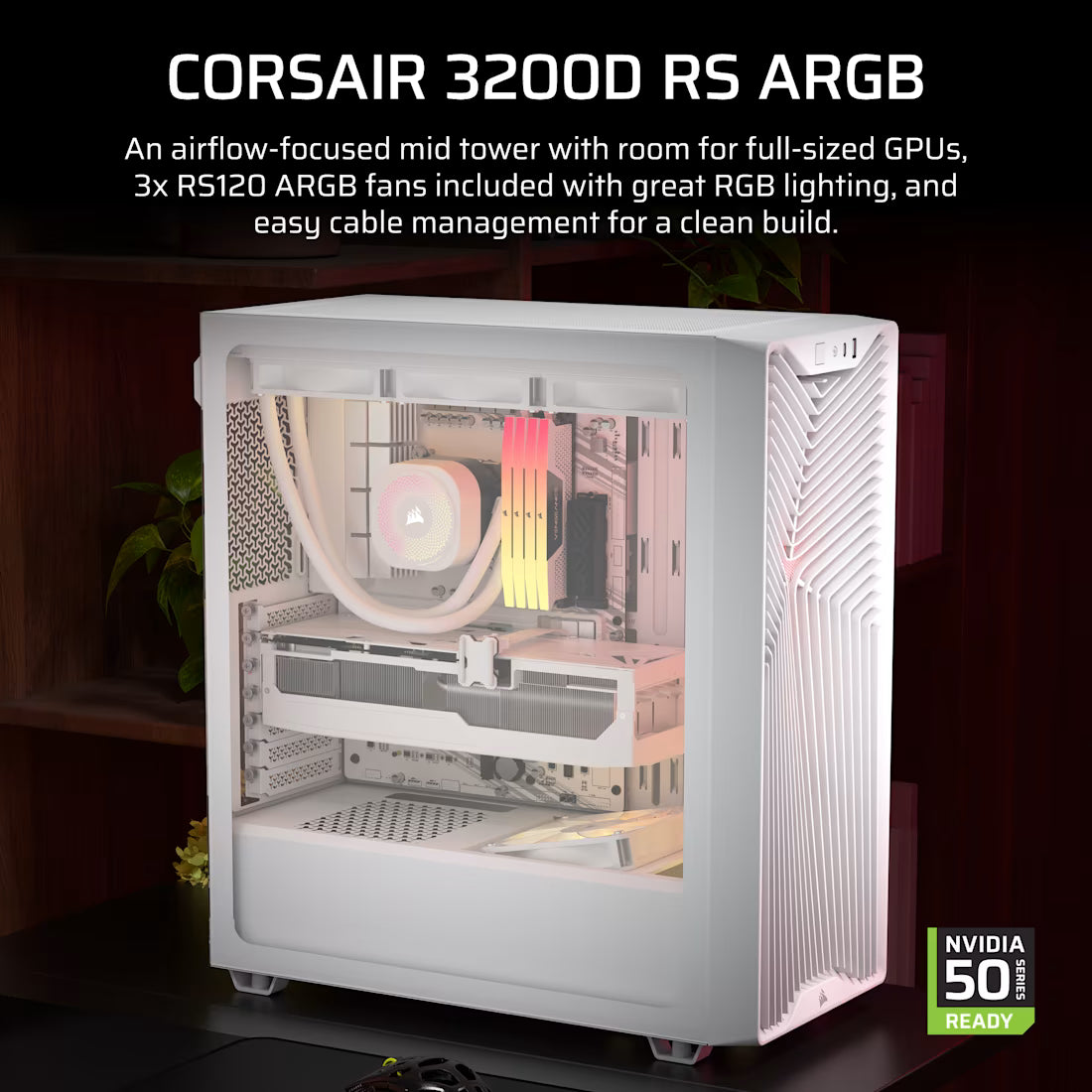 Corsair 3200D RS ARGB white mid tower PC case with tempered glass and 3 RS120 ARGB fans high airflow gaming chassis