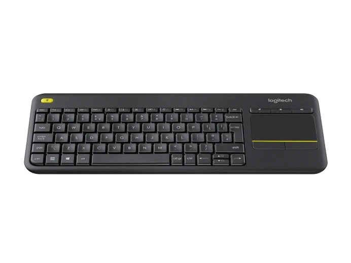 Side profile of Logitech K400 wireless keyboard showing slim design and low-profile keys