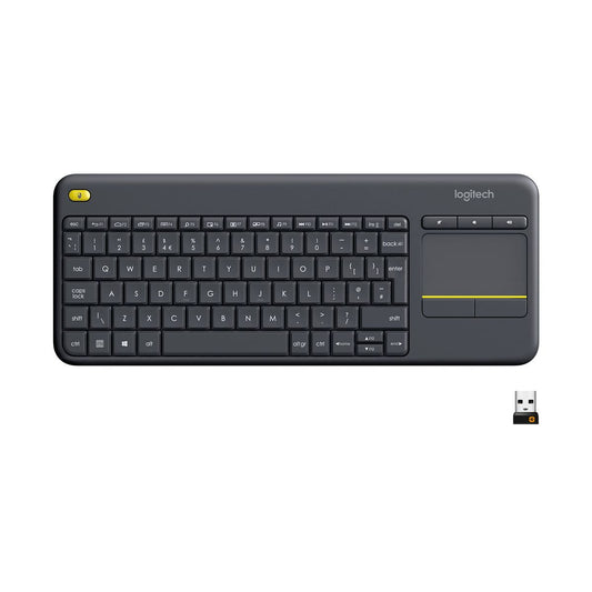 Logitech K400 Wireless Keyboard with integrated USB touchpad in black, compact full-size layout