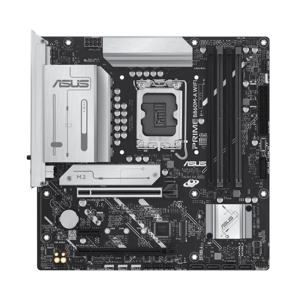 ASUS Prime B860M-A WIFI motherboard showing PCIe 5.0 slot, DDR5 DIMM slots, and Wi-Fi antenna ports