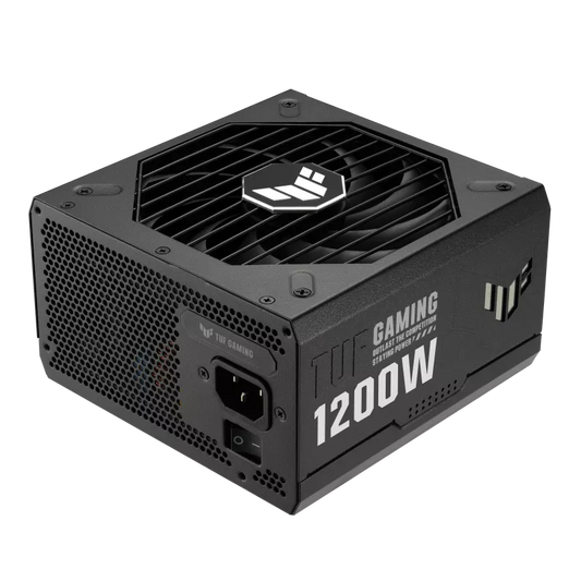 ASUS TUF Gaming 1200W 80+ Gold Power Supply Unit (PSU) – durable black ATX power supply with 13.5cm cooling fan, modular cables, and high-efficiency design for gaming PCs.