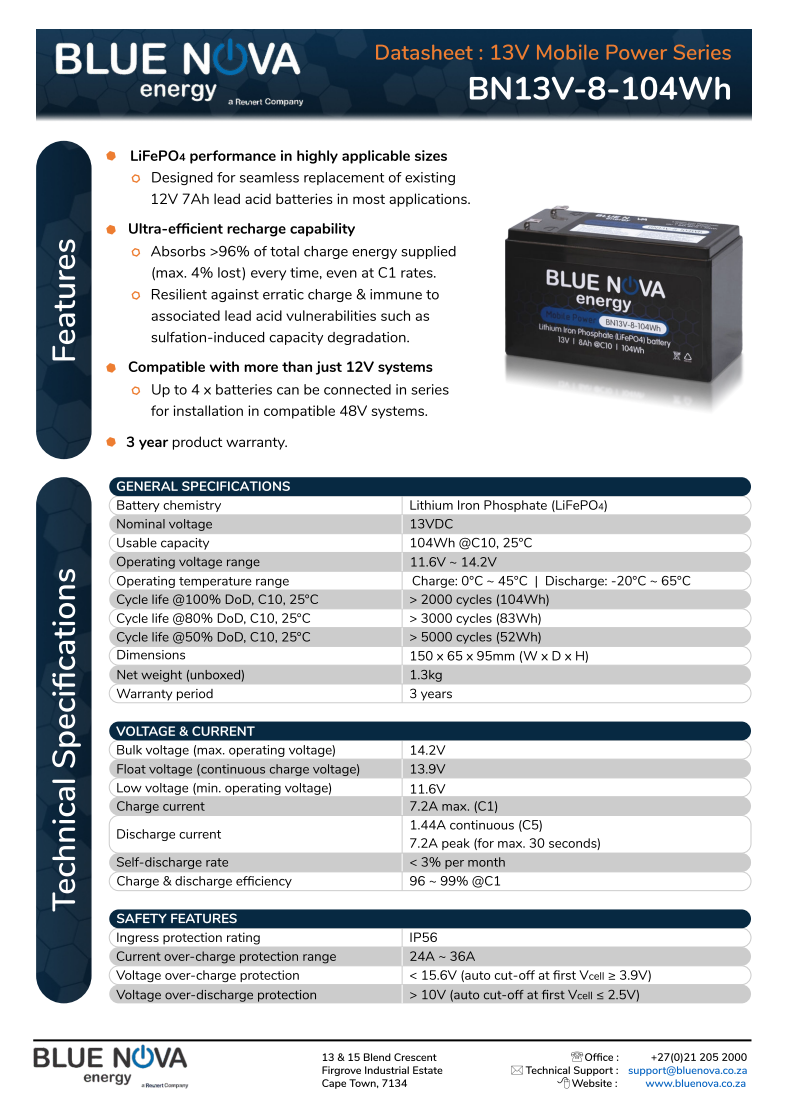 Blue Nova energy battery datasheet with specifications and features.