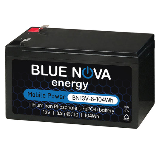 Front view of Blue Nova BN13V-8H-104WH 12V 8Ah LiFePO4 Battery showing compact ABS design