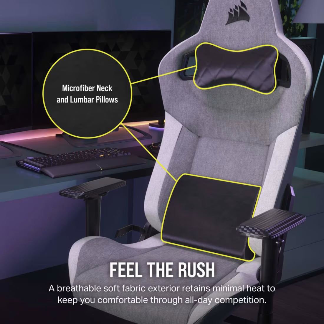 Corsair T3 RUSH Fabric Gaming Chair 2023 grey white ergonomic gaming chair with adjustable armrests and lumbar support