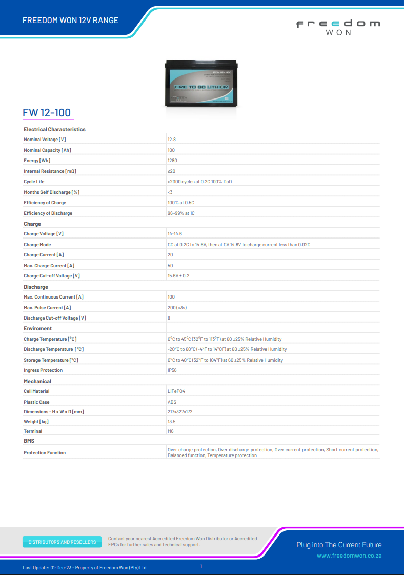 Freedom Won 12V Range Spec Sheet