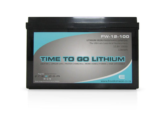 Front view of 12.8V 100Ah LiFePO4 lithium battery showing sturdy ABS casing and terminals