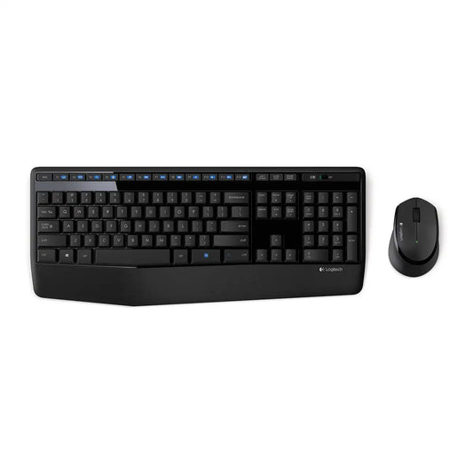 Logitech MK345 Wireless Keyboard and Mouse Combo with full-sized keyboard, cushioned palm rest, and optical mouse in black