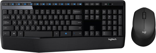 Logitech MK345 Wireless Keyboard and Mouse Combo with full-sized keyboard, cushioned palm rest, and optical mouse in black