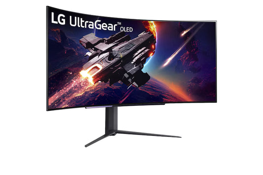 LG 45GR95QE 45-inch UltraGear OLED Curved Gaming Monitor displaying WQHD resolution and vibrant colors