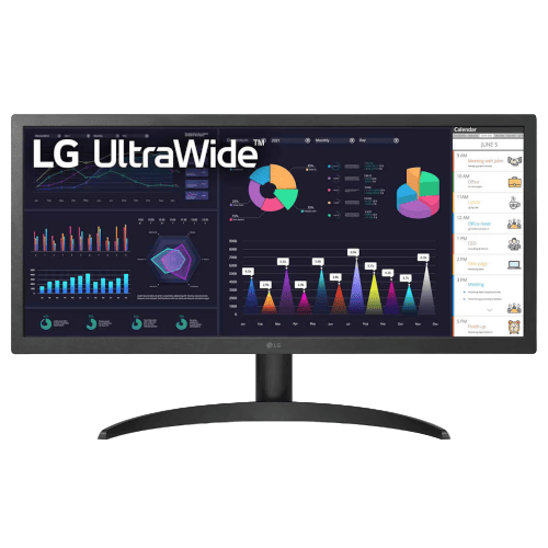 LG 26WQ500-B 26 inch UltraWide FHD HDR10 IPS Monitor front view – 21:9 widescreen display for multitasking and productivity