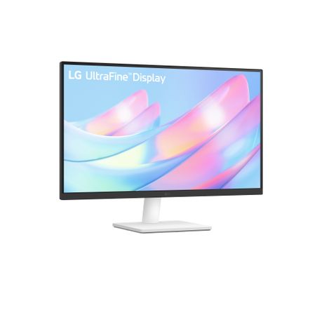 Angled side view of LG UltraFine 27-inch UHD monitor showing sleek 3-side borderless design and ergonomic tilt adjustments | LG UltraFine 27US500 angled view highlighting IPS panel, HDR support, and modern professional office monitor design