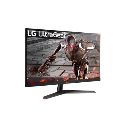 Angled side view of LG UltraGear 32" QHD monitor showing slim, borderless design