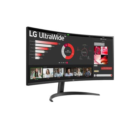 Angled front view of LG UltraWide 34WR50QK 34" curved monitor showcasing ultra-wide screen and slim bezels