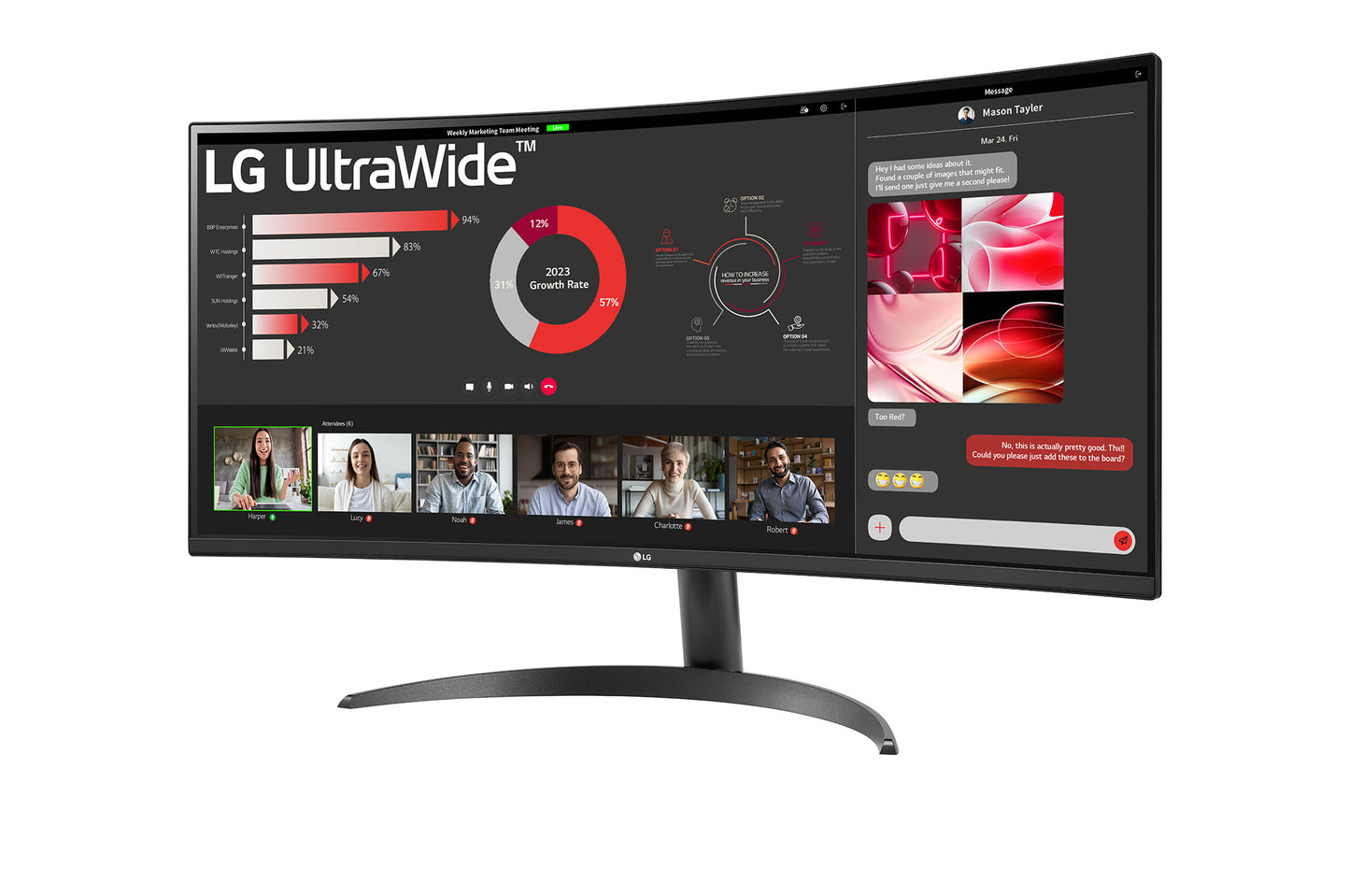 Angled front view of LG UltraWide 34WR50QK 34" curved monitor showcasing ultra-wide screen and slim bezels