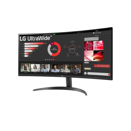 Angled front view of LG UltraWide 34WR50QK 34" curved monitor showcasing ultra-wide screen and slim bezels