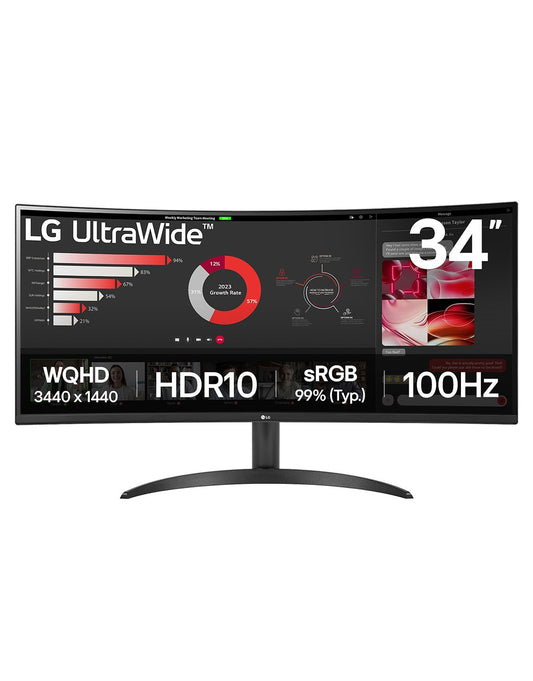 Front view of LG UltraWide 34WR50QK 34" WQHD curved monitor with vibrant ultra-wide display
