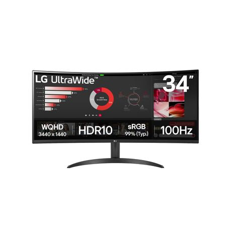 Front view of LG UltraWide 34WR50QK 34" WQHD curved monitor with vibrant ultra-wide display