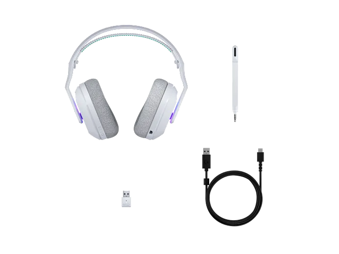 “LOGI G522 LIGHTSPEED Wireless Gaming Headset in white with LIGHTSYNC RGB, detachable mic, and USB-A connectivity”
