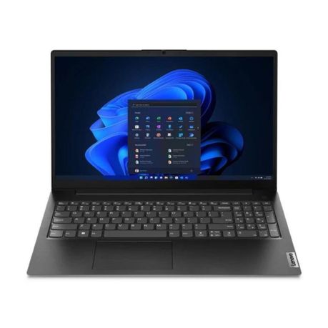 Front view of Lenovo V15 G4 AMD Ryzen 3 256GB SSD 8GB RAM laptop powered by Windows 11, featuring 15.6-inch screen, sleek black body, and modern keyboard layout.