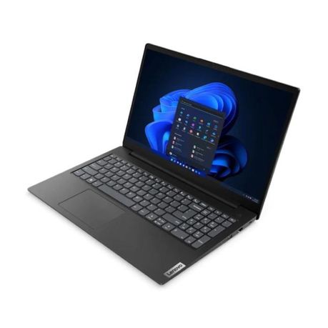 Top view of Lenovo V15 G4 AMD Ryzen 3 256GB SSD 8GB RAM laptop powered by Windows 11, featuring 15.6-inch screen, sleek black body, and modern keyboard layout.