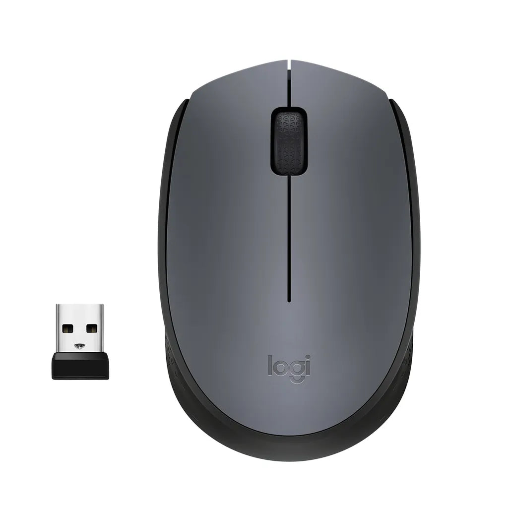 Logitech M170 Wireless Mouse in grey with ergonomic compact design and optical tracking
