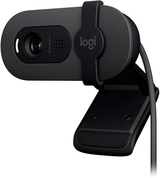Logitech Brio 100 Webcam in black with HD video and built-in microphone