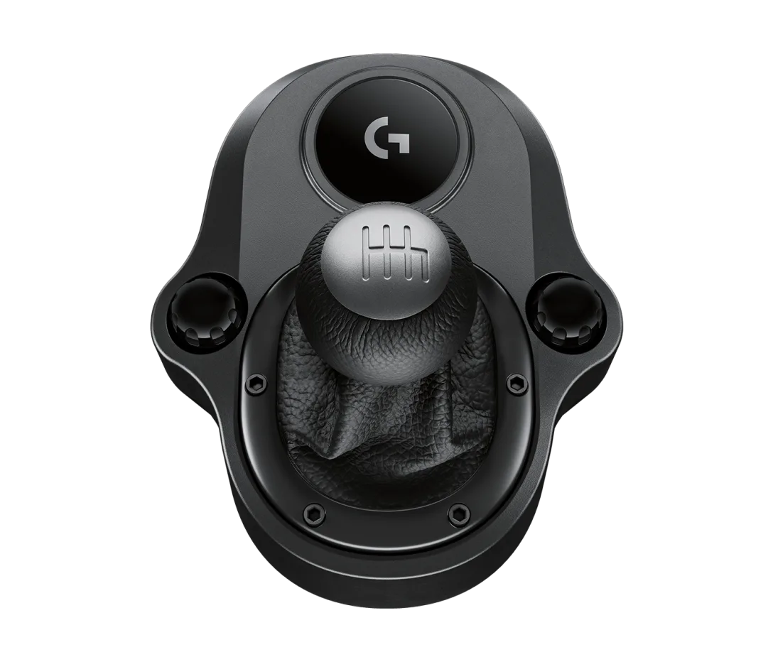 Logitech Driving Force Shifter designed for G29 and G920 racing wheels, featuring a durable steel and leather build with a six-speed H-pattern gearbox for a realistic driving experience.