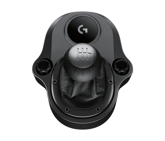 Logitech Driving Force Shifter designed for G29 and G920 racing wheels, featuring a durable steel and leather build with a six-speed H-pattern gearbox for a realistic driving experience.