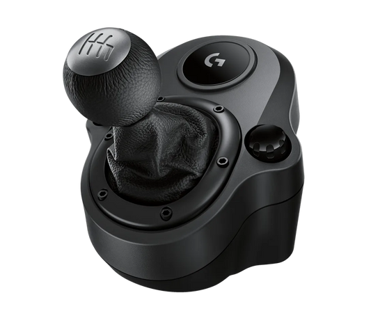 Logitech Driving Force Shifter designed for G29 and G920 racing wheels, featuring a durable steel and leather build with a six-speed H-pattern gearbox for a realistic driving experience.
