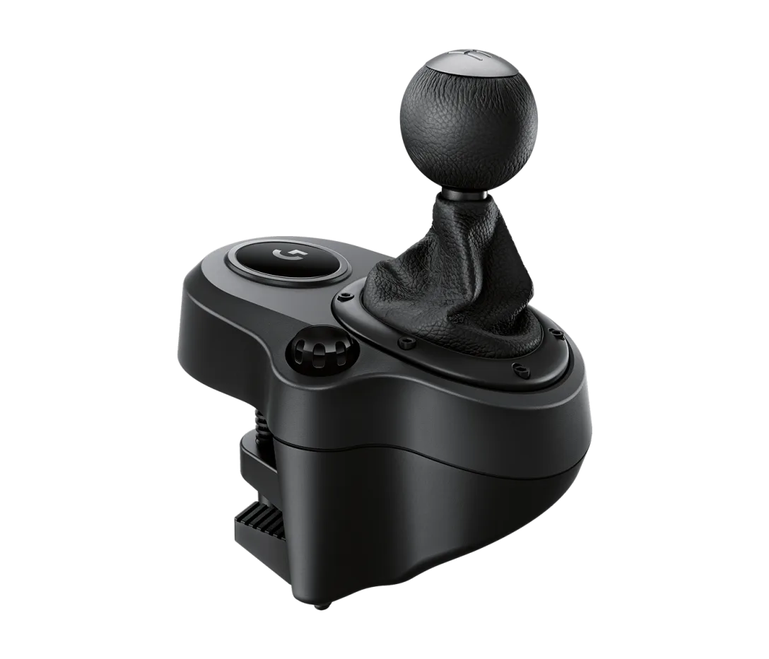 Logitech Driving Force Shifter designed for G29 and G920 racing wheels, featuring a durable steel and leather build with a six-speed H-pattern gearbox for a realistic driving experience.