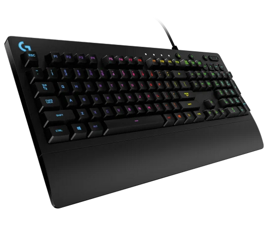 Close-up of Logitech G213 Prodigy keyboard Mech-Dome keys with RGB lighting