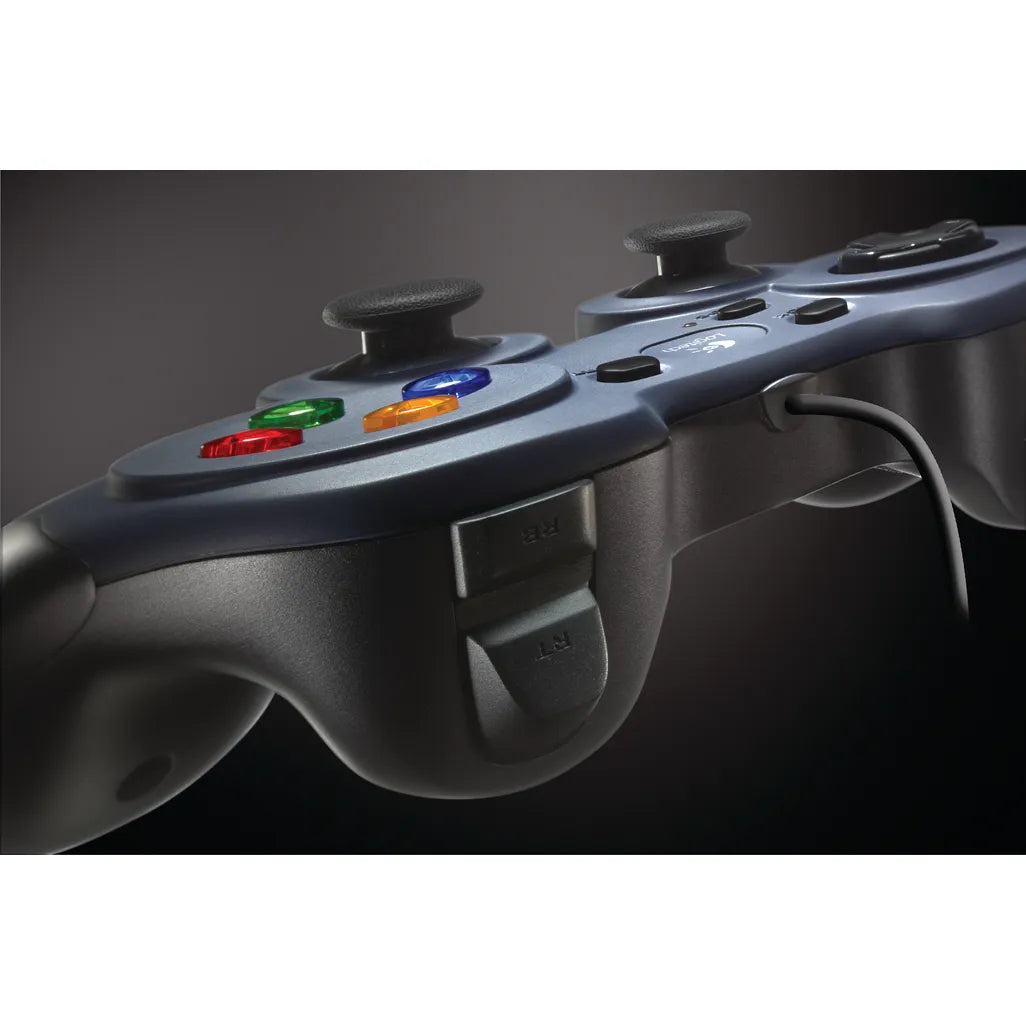 Angled view of Logitech F310 Gamepad showing full button layout and smooth finish