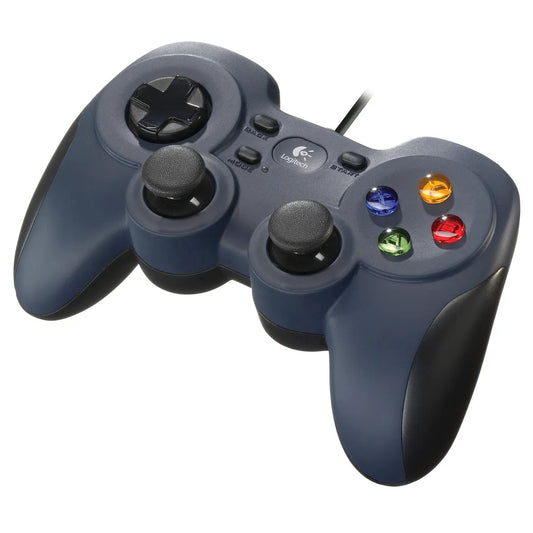 Angled view of Logitech F310 Gamepad showing full button layout and smooth finish