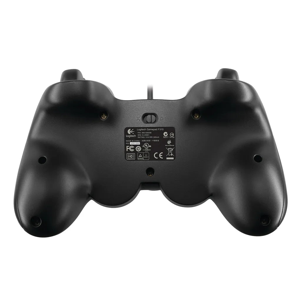 Bottom view of Logitech F310 Gamepad showing contoured grips and wired USB connection point