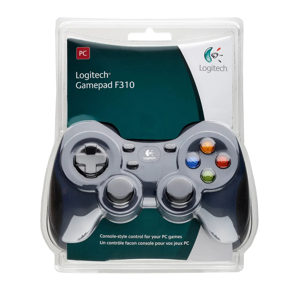 Logitech F310 Gamepad in retail box packaging with USB wired connection label