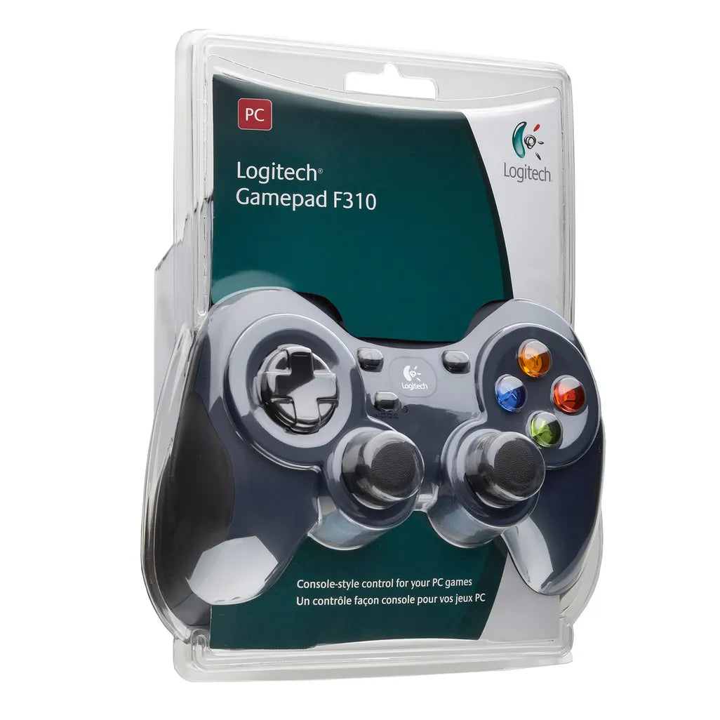 Logitech F310 Gamepad in retail box packaging with USB wired connection label