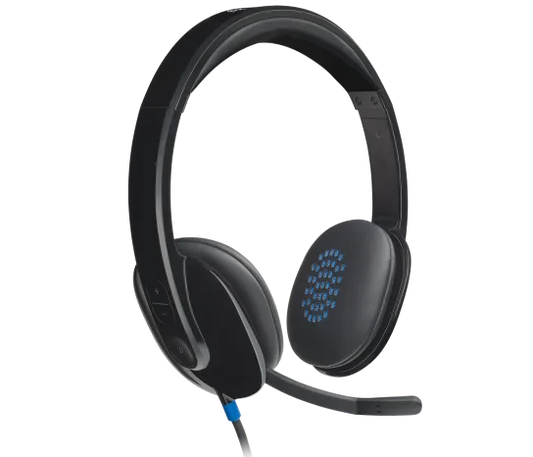 “Logitech H540 USB headset black front view with padded ear cups and microphone”