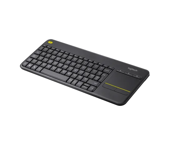 Side profile of Logitech K400 wireless keyboard showing slim design and low-profile keys