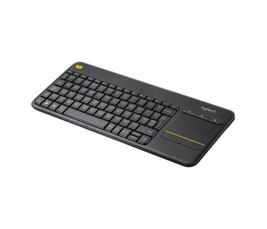 Side profile of Logitech K400 wireless keyboard showing slim design and low-profile keys