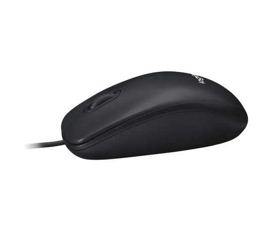 “Ergonomic side profile of Logitech M100 black USB mouse”