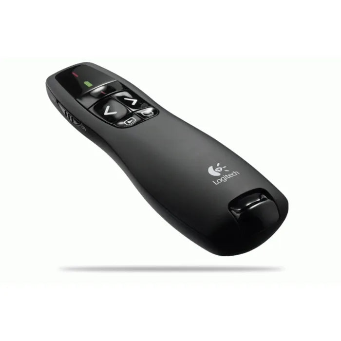 Side profile of Logitech R400 Wireless Presenter showing slim and ergonomic design