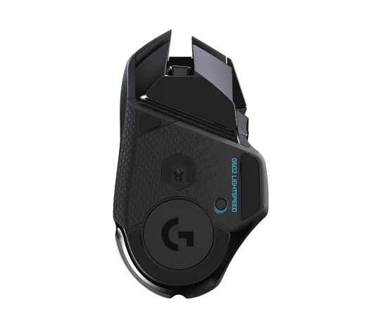 Logitech G502 Lightspeed Wireless Gaming Mouse front view showing sleek ergonomic design and programmable buttons