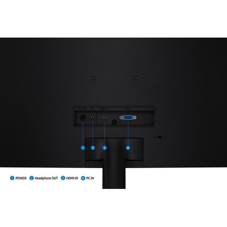 Connectivity ports including HDMI, D-Sub, and headphone jack on the back panel.