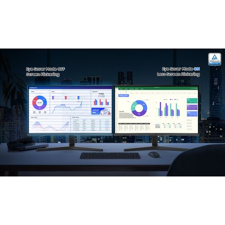 Two Samsung 32 inch monitors displaying eye saver mode on and off on a desk with a cityscape background.
