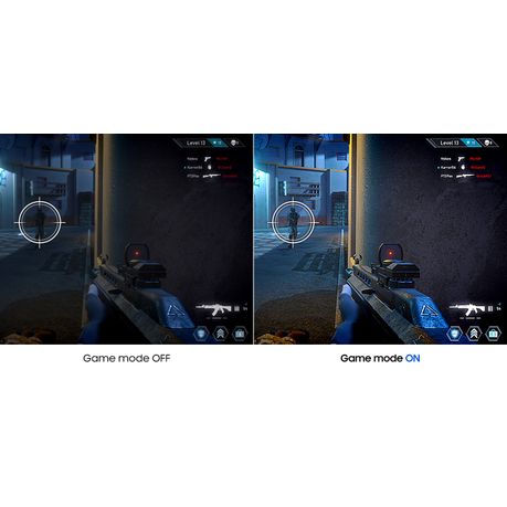 Comparison of game mode on and off in a first-person shooter game for the Samsung 32 inch curved monitor.