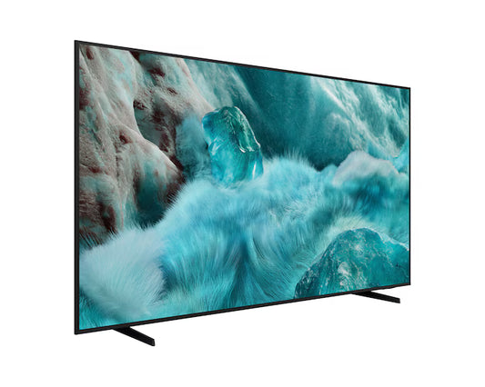 Angled front view of Samsung 65-inch QLED TV showing slim bezels and vivid colours