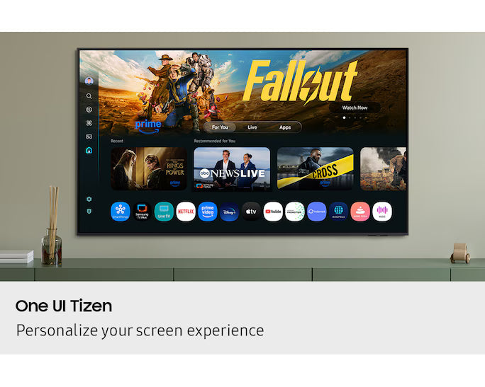 Samsung QA65Q7F 65-inch QLED TV displayed in a modern living room with vibrant on-screen image