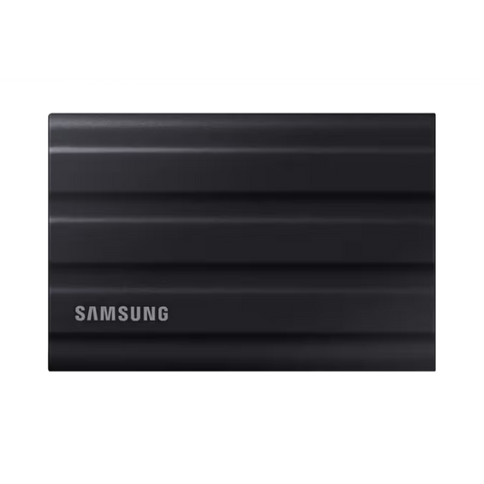 Samsung T7 Shield 1TB Portable SSD (MU-PE1T0S) with up to 1,050 MB/s transfer speed, USB 3.2 Gen2, and AES 256-bit encryption.