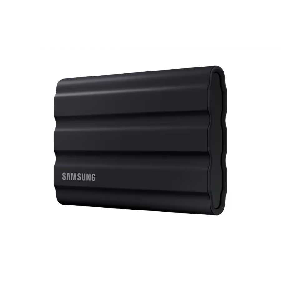 Samsung T7 Shield 1TB Portable SSD (MU-PE1T0S) with up to 1,050 MB/s transfer speed, USB 3.2 Gen2, and AES 256-bit encryption.
